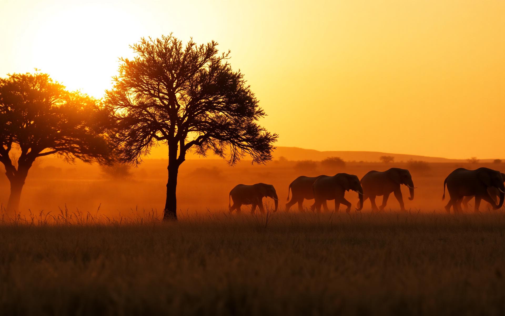 Elephants walking beneath an acacia tree at sunset